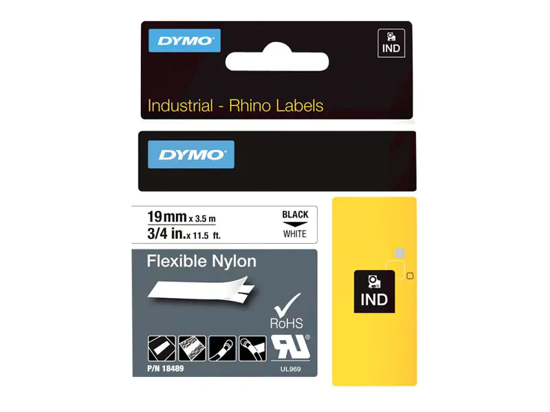 Dymo IND - Nylon - Klebstoff - Schwarz auf Weiß - Rolle (1,9 cm x 4 m) 18489