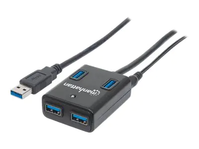 Manhattan USB-A 4-Port Hub, 4x USB-A Ports, 5 Gbps (USB 3.2 Gen1 aka USB 3.0), AC or Bus Power, Fast charge up to 0.9A per port with inc power adapter, SuperSpeed USB, Black, Three Year Warranty, Blister - Hub - 4 x SuperSpeed USB 3.0 - Desktop