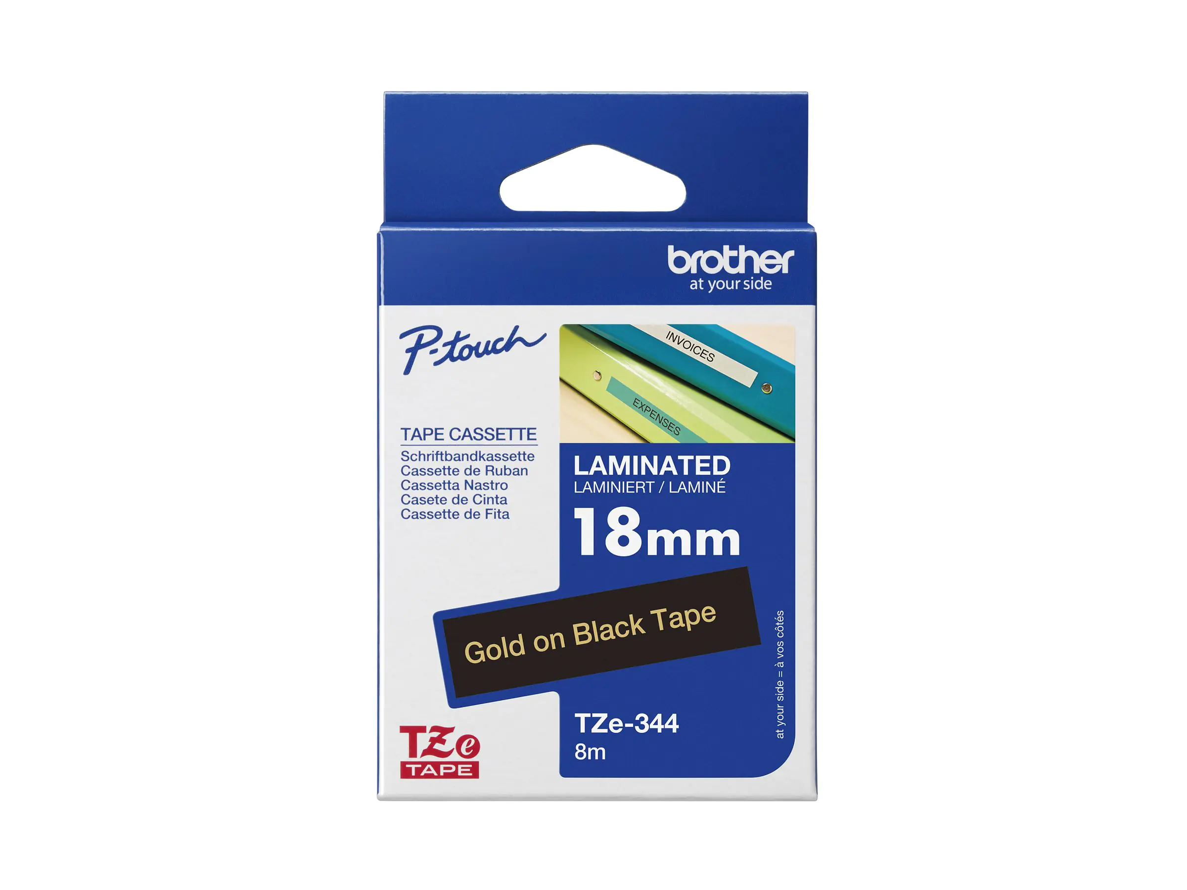 Brother TZe-344 - Standard-Klebstoff - gold auf schwarz - Rolle (1,8 cm x 8 m) TZE344