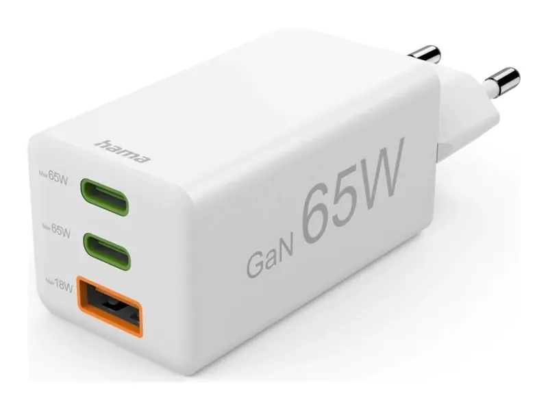 Hama Schnellladegeraet 2x USB-C PD 1x USB-A QC Mini-Ladegeraet 65W Weiß