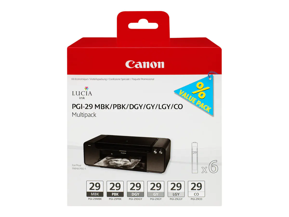 Canon PGI-29 MBK/PBK/DGY/GY/LGY/CO Multipack - 6er-Pack - 36 ml - Grau, Hellgrau, Dunkelgrau, mattschwarz, Photo schwarz, Chroma-Optimierer - Original - Tintenbehälter - für PIXMA PRO-1