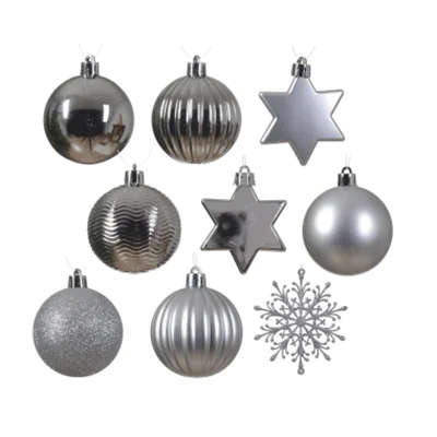 DECORIS Christbaumschmuck Mix Kunststoff silber Kugel, Stern, Schneeflocke 40 St./Pack.
