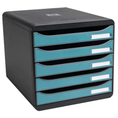 Exacompta Schubladenbox BIG-BOX plus 5 Schubladen DIN A4, Überbreite Polystyrol Gehäusefarbe: schwarz Farbe der Schublade: pazifikblau