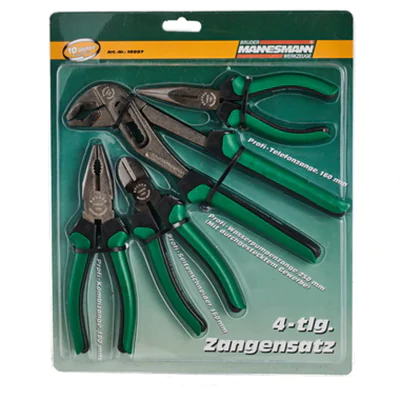 BRÜDER MANNESMANN WERKZEUGE Zangen-Set 4 Teile Telefonzange (160 mm), Wasserpumpenzange (250 mm), Seitenschneider (160 mm), Kombizange (180mm) grün/schwarz