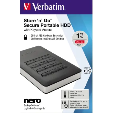 Verbatim Store 'n' Go Portable - Festplatte - verschlüsselt - 1 TB - extern (tragbar) - USB 3.1 Gen 1 (USB-C Steckverbinder) - 256-Bit-AES