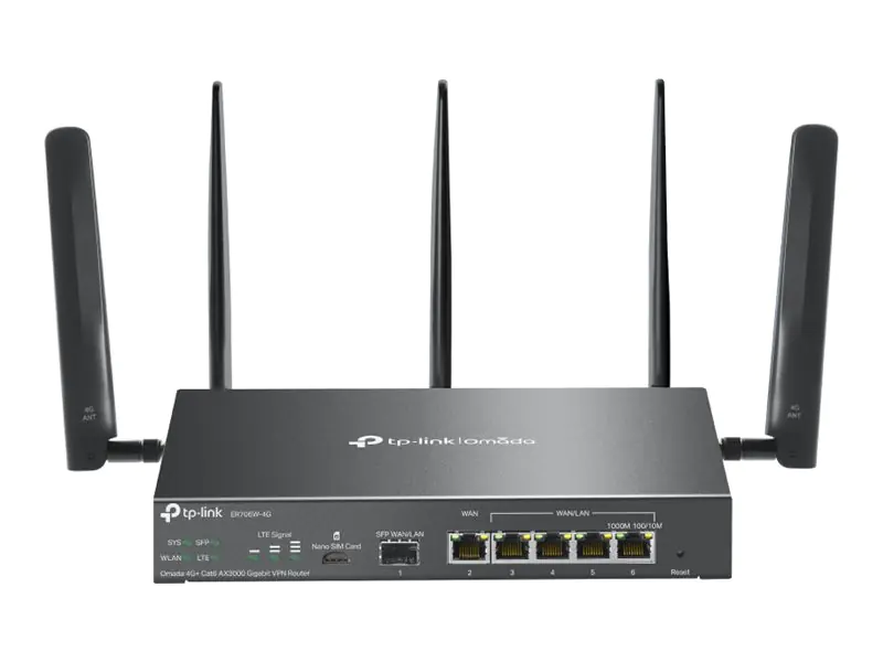 TP-Link Omada ER706W-4G V1 - Wireless Router - WWAN 5-Port-Switch - 1GbE - WAN-Ports: 6 - Wi-Fi 6 - Dual-Band - 4G - wandmontierbar