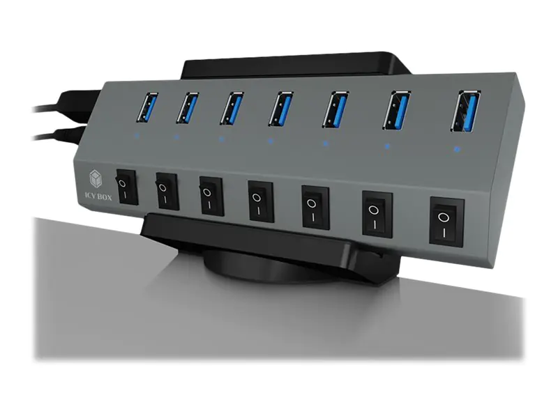 ICY BOX IB-MSA106-HH - Befestigungskit (Spannbefestigung für Tisch, Halter, Kissen) - für USB-Hub - Kunststoff, Metall, Silikon - Schwarz - Tischmontage