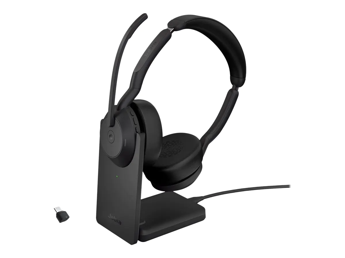 Jabra Evolve2 55 MS Stereo - Headset - On-Ear - Bluetooth - kabellos - aktive Rauschunterdrückung - USB-C - Schwarz - mit Ladestation - Optimized for Microsoft Teams