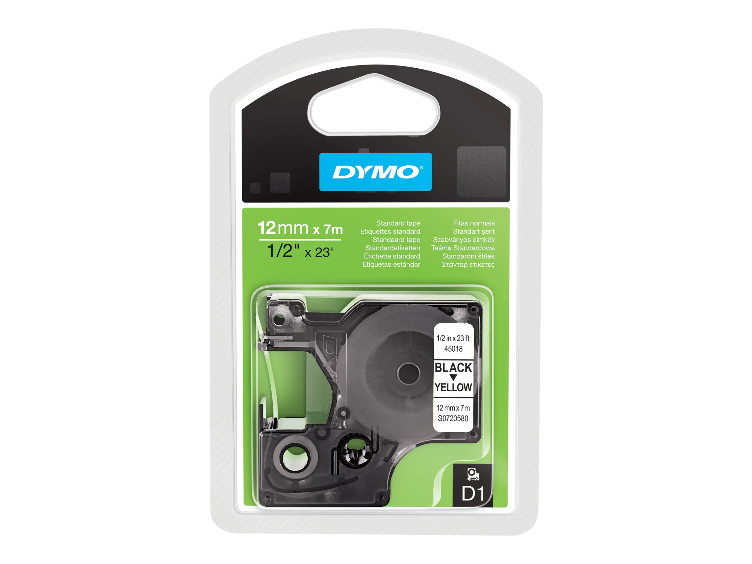 DYMO D1 - Selbstklebend - Schwarz auf Gelb - Rolle (1,2 cm x 7 m) 1 Kassette(n) Etikettenband - für LabelMANAGER 100, 160, 210, 220, 260, 280, 300, 360, 420, Wireless PnP; LabelPOINT 250