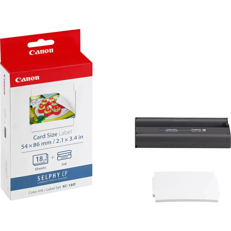 Canon KC-18IF Farbtinte + 54 x 86 mm Sticker-Papier, 18 Blatt, Canon SD1100, CP-100, CP-200, CP-220, CP-300, CP-330, PowerShot A530/SELPHY CP740 Combo, SELPHY..., 54 x 86 mm, 18 Blätter 7741A001