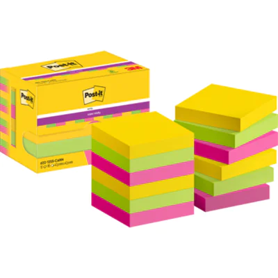 Post-it Haftnotiz Super Sticky Rio de Janeiro Collection 48 x 48 mm (B x H) je 4 x ultragelb, limonengrün, neonpink 90 Bl./Block 12 Block/Pack.