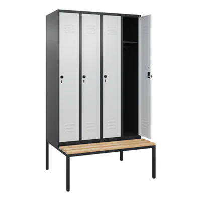 C+P Kleiderspind Classic PLUS 1.200 x 2.120 x 815 mm (B x H x T) 4 Abteile Stahl/Holz Farbe der Front: lichtgrau Farbe des Korpus: schwarzgrau