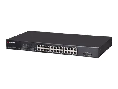 Intellinet 24-Port Gigabit Ethernet PoE+ Web-Managed Switch with 2 SFP Ports, 24 x PoE ports, IEEE 802.3at/af Power over Ethernet (PoE+/PoE), 2 x SFP, Endspan, 19" Rackmount - Switch - managed - 24 x 10/100/1000 (PoE+) + 2 x SFP - Desktop, an Rack montier