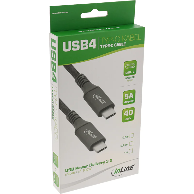 InLine - USB-Kabel - 24 pin USB-C (M) zu 24 pin USB-C (M) - USB4 / Thunderbolt 3 / Thunderbolt 4 - 20 V - 5 A - 1 m - unterstützt Power Delivery 3.0 - Schwarz