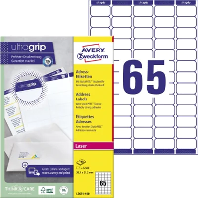 Avery Zweckform Adressetikett ultragrip 38,1 x 21,2 mm (B x H) Papier weiß 6.500 Etik./Pack.