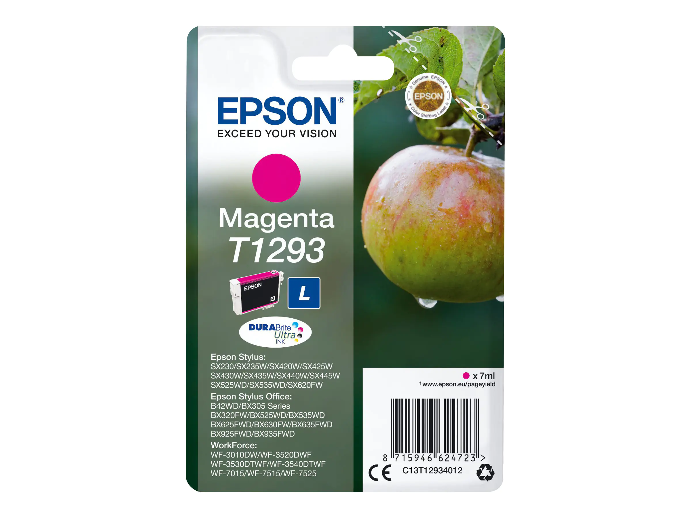 Epson T1293 - 7 ml - L-Größe - Magenta - Original - Blisterverpackung - Tintenpatrone - für Stylus SX230, SX235, SX430, SX438; WorkForce WF-3010, 3520, 3530, 3540, 7015, 7515, 7525