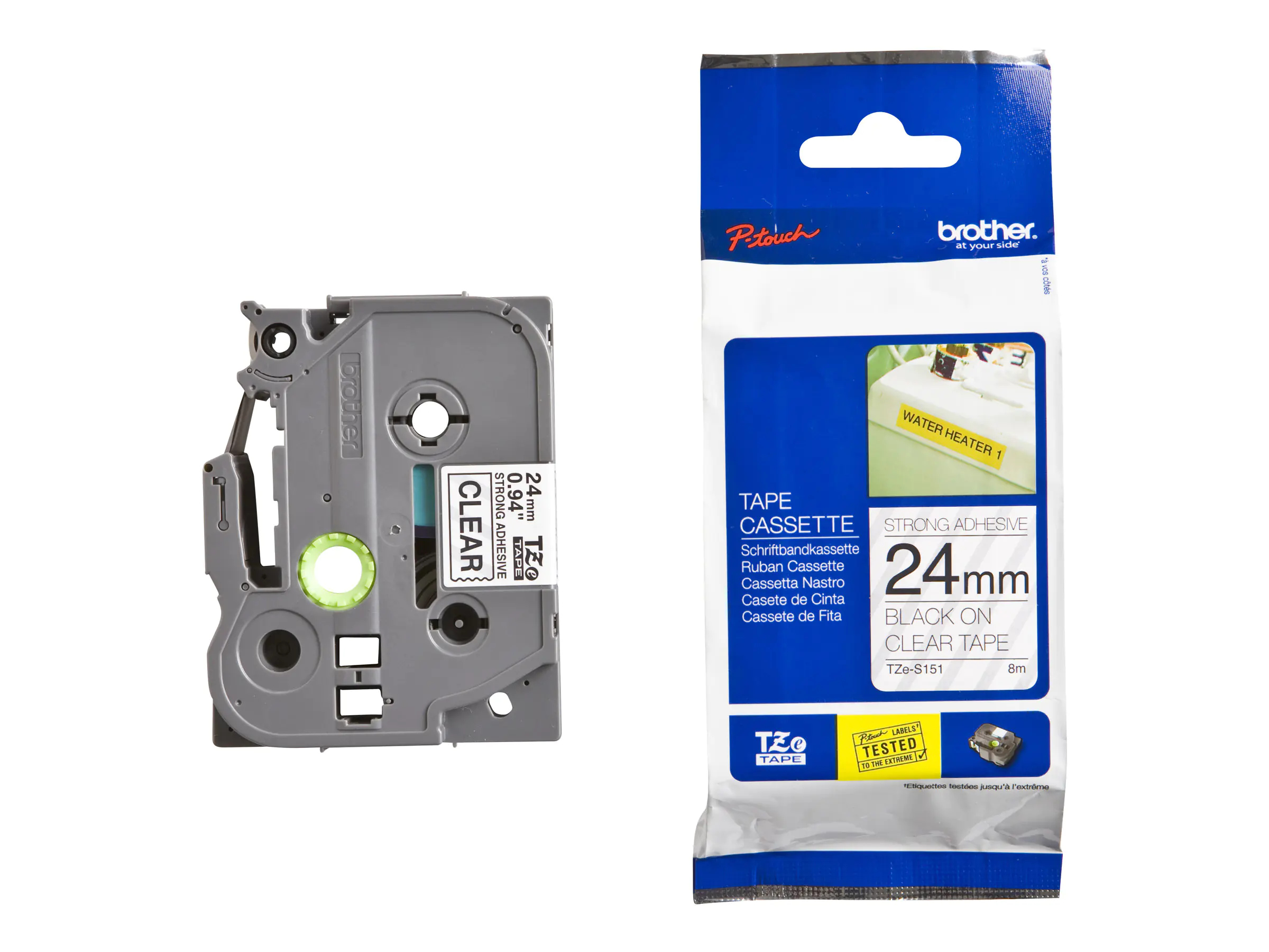 Brother TZe-S151 - Extra starker Klebstoff - schwarz auf durchsichtig - Rolle (2,4 cm x 8 m) 1 Kassette(n) laminiertes Band - für Brother PT-D600, P750, P950; P-Touch PT-D610, D800, E550, P900, P950; P-Touch EDGE PT-P750