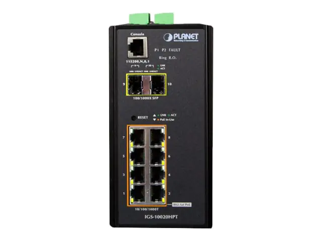 PLANET IGS-10020HPT - Switch - L2+ - managed - 8 x 10/100/1000 (PoE+) + 2 x Gigabit SFP - an DIN-Schiene montierbar, wandmontierbar - PoE+ (270 W) - Gleichstrom