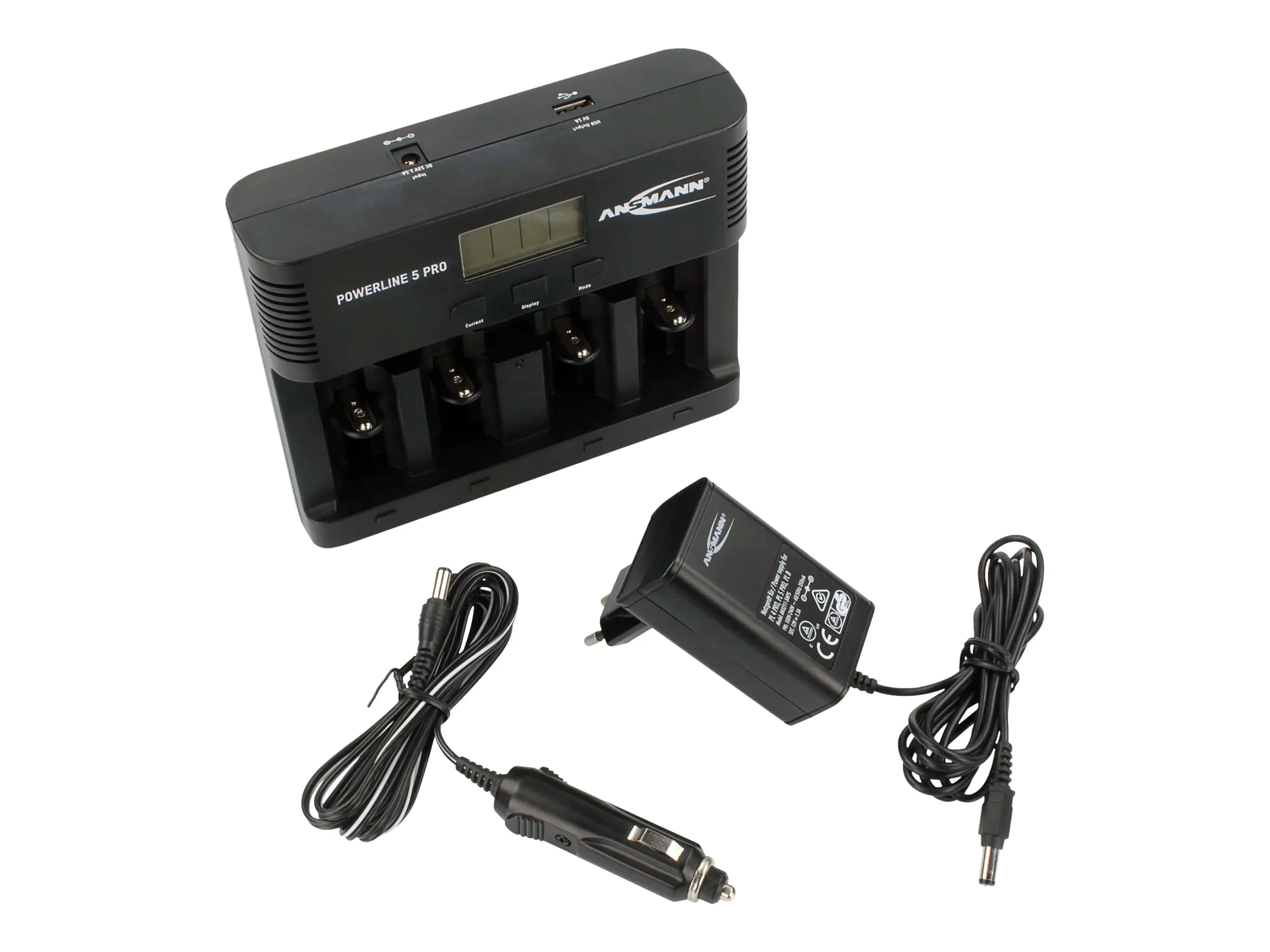 ANSMANN Powerline 5 Pro - Batterieladegerät - (für 4xAA/AAA/C/D, 1x9V) + AC-Netzteil + Kfz-Netzteil - 1800 mA (USB) - Schwarz