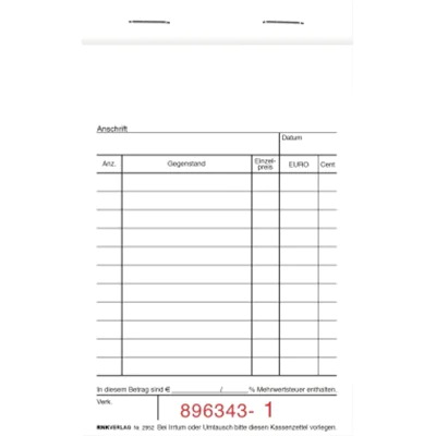 RNK Kassenblock 2952 15x10cm oben geheftet 50x2Blatt