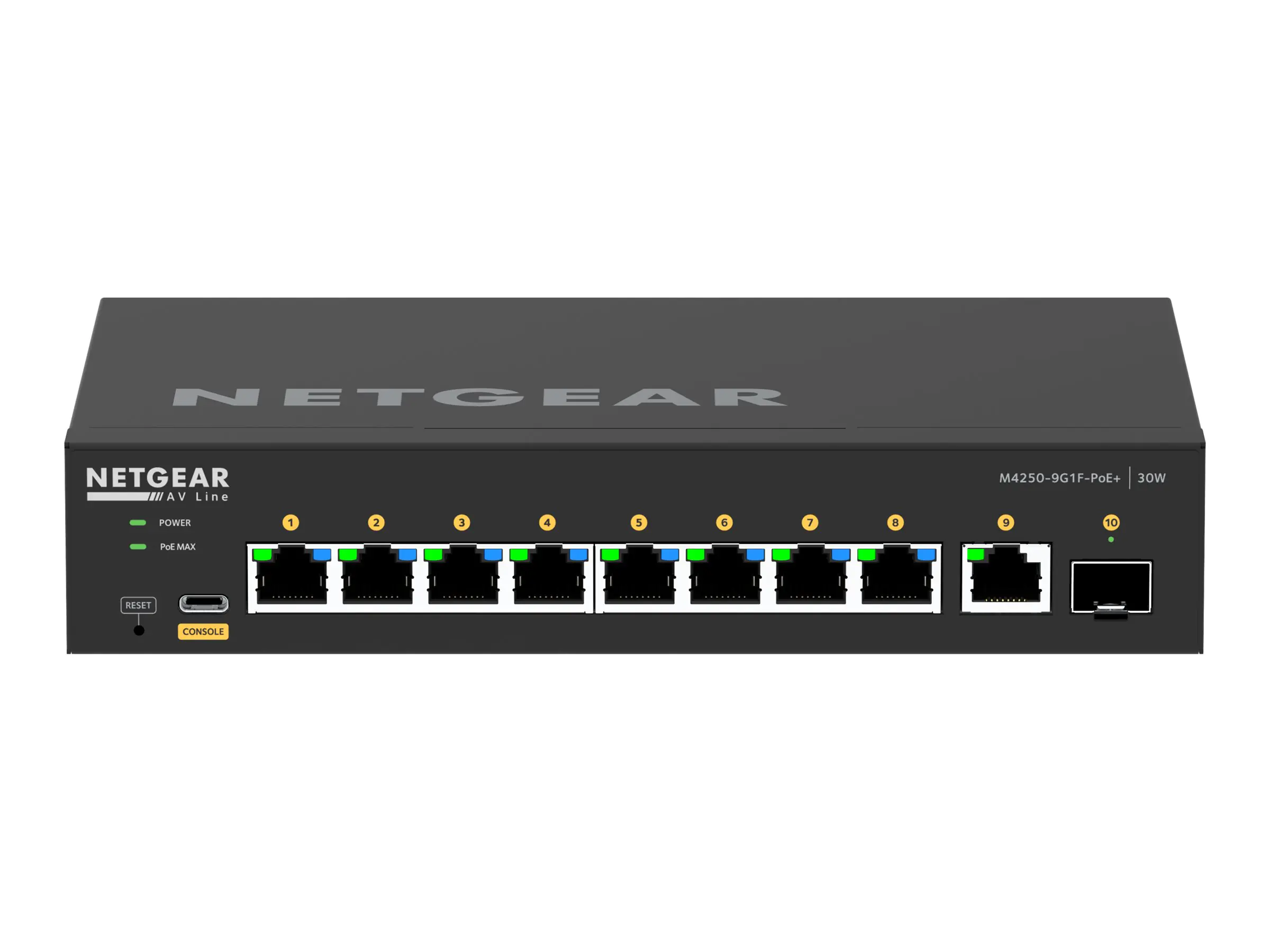 NETGEAR AV Line M4250-9G1F-PoE+ - Switch - L3 - managed - 8 x 10/100/1000 (8 PoE+) + 1 x 10/100/1000 + 1 x Gigabit SFP - Seite-zu-Seite-Luftstrom - an Rack montierbar - PoE+ (110 W)