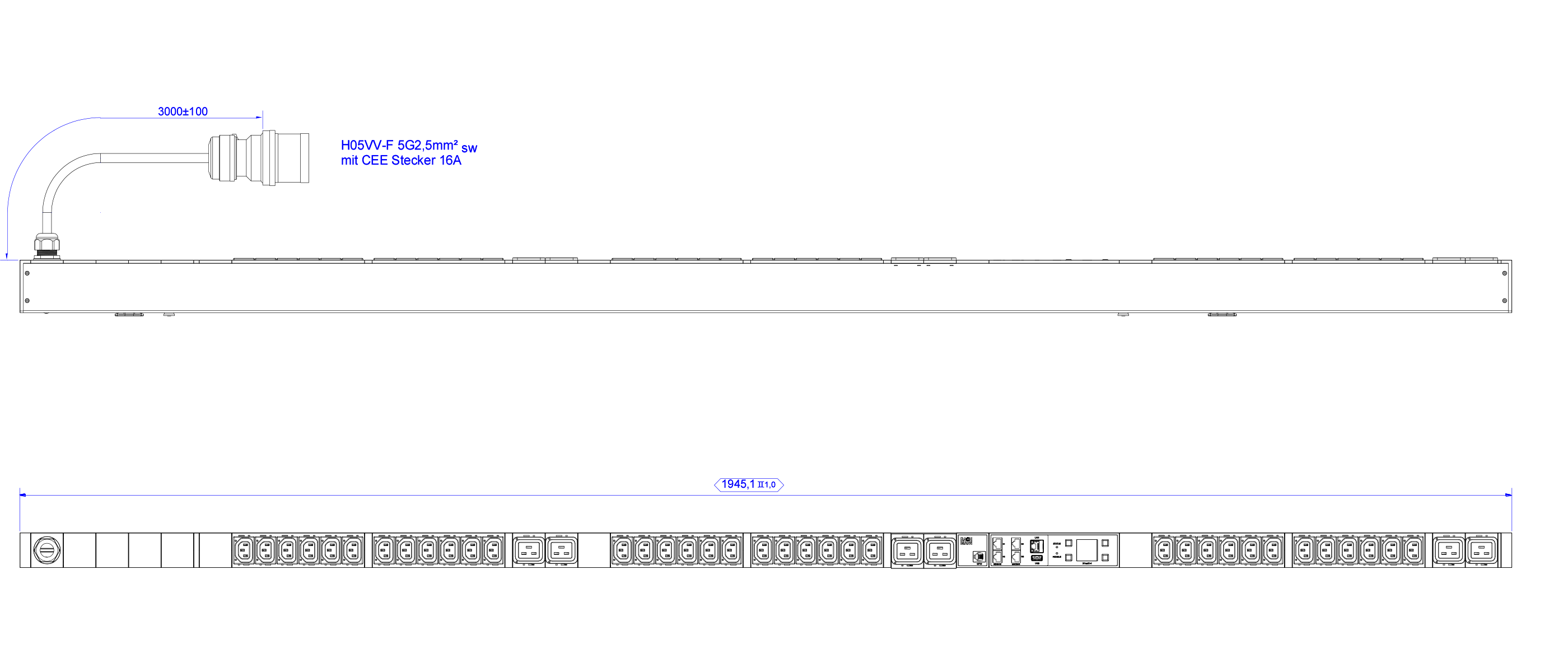 Bachmann PDU Steckdosen 36xDosen C13+ 6x C19 -> Zuleitung 3m 16A mit Stecker CEE 16A rot - 3 m