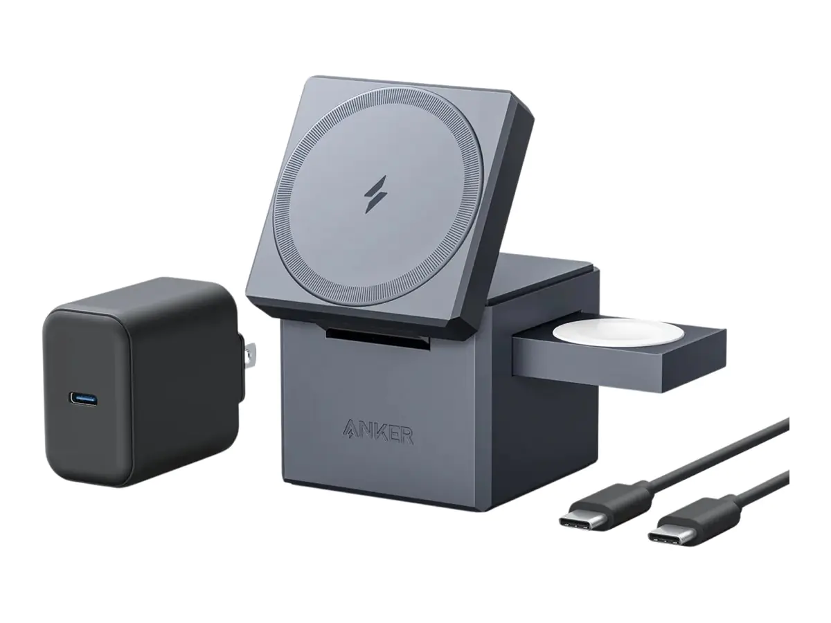 Anker 3-in-1 Cube - Kabelloses Ladegerät - mit MagSafe + AC-Netzteil - 15 Watt - MFI-zertifiziert - Schwarz