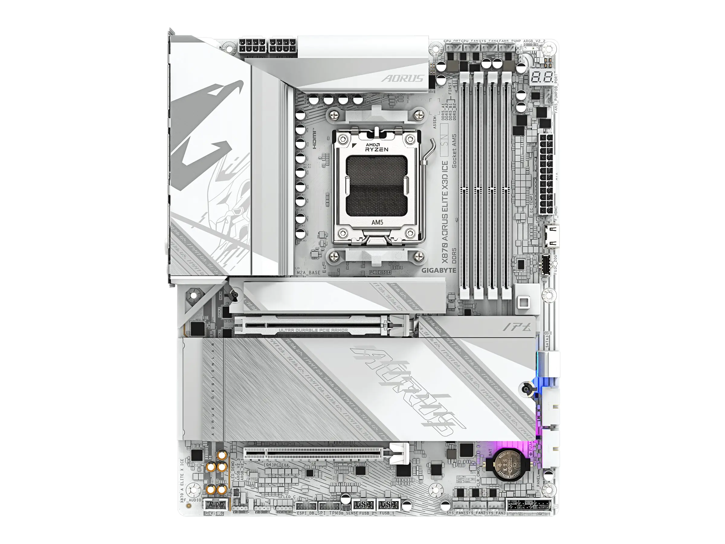 AORUS X870 ELITE X3D ICE - Motherboard - ATX - Socket AM5 - AMD X870 Chipsatz - USB-C 3.2 Gen 2x2, USB4, USB 3.2 Gen 1, USB 3.2 Gen 2 - 5 Gigabit Ethernet, Wi-Fi 7, Bluetooth - Onboard-Grafik (CPU erforderlich) - HD Audio (8-Kanal)