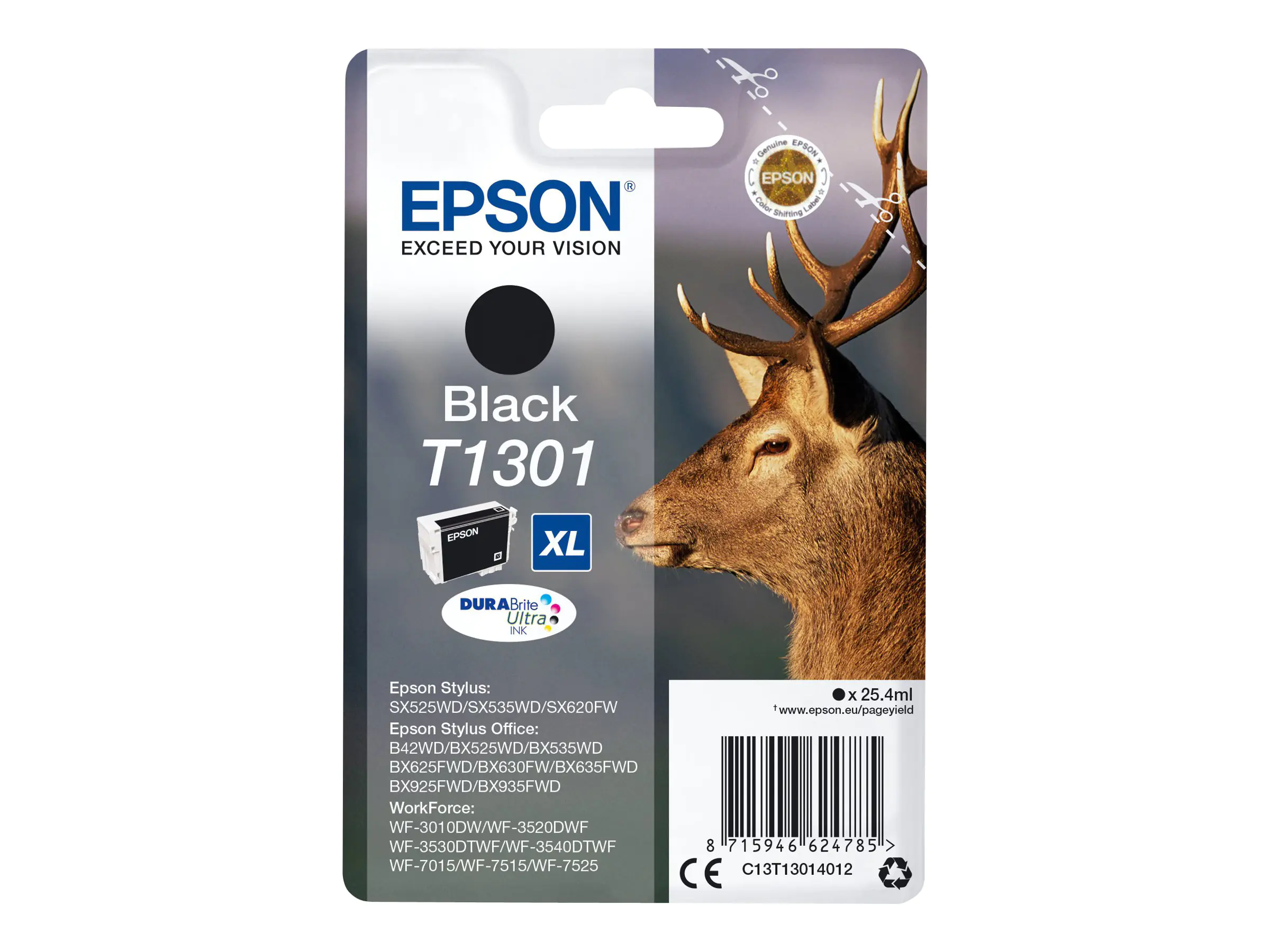 Epson T1301 - 25.4 ml - Größe XL - Schwarz - Original - Blisterverpackung - Tintenpatrone - für Stylus Office BX630, BX635, BX935; WorkForce WF-3010, 3520, 3530, 3540, 7015, 7515, 7525