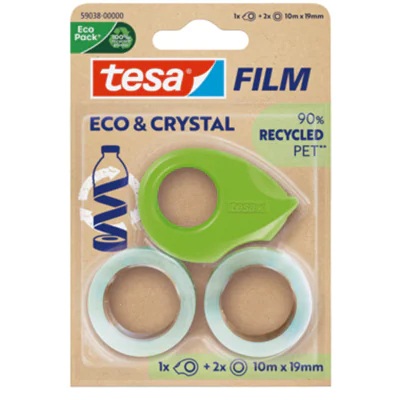 tesa® Klebefilm Eco & Crystal Mini Dispenser 19 mm x 10 m (B x L) beidseitig klebend ohne Lösungsmittel inkl. Handabroller aus Plastik, 100 % recycelt Acrylat transparent 2 St./Pack.