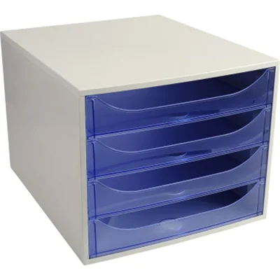 Exacompta Schubladenbox ECOBOX 4 Schubladen DIN A4, Überbreite Polystyrol Gehäusefarbe: grau Farbe der Schublade: eisblau transluzent