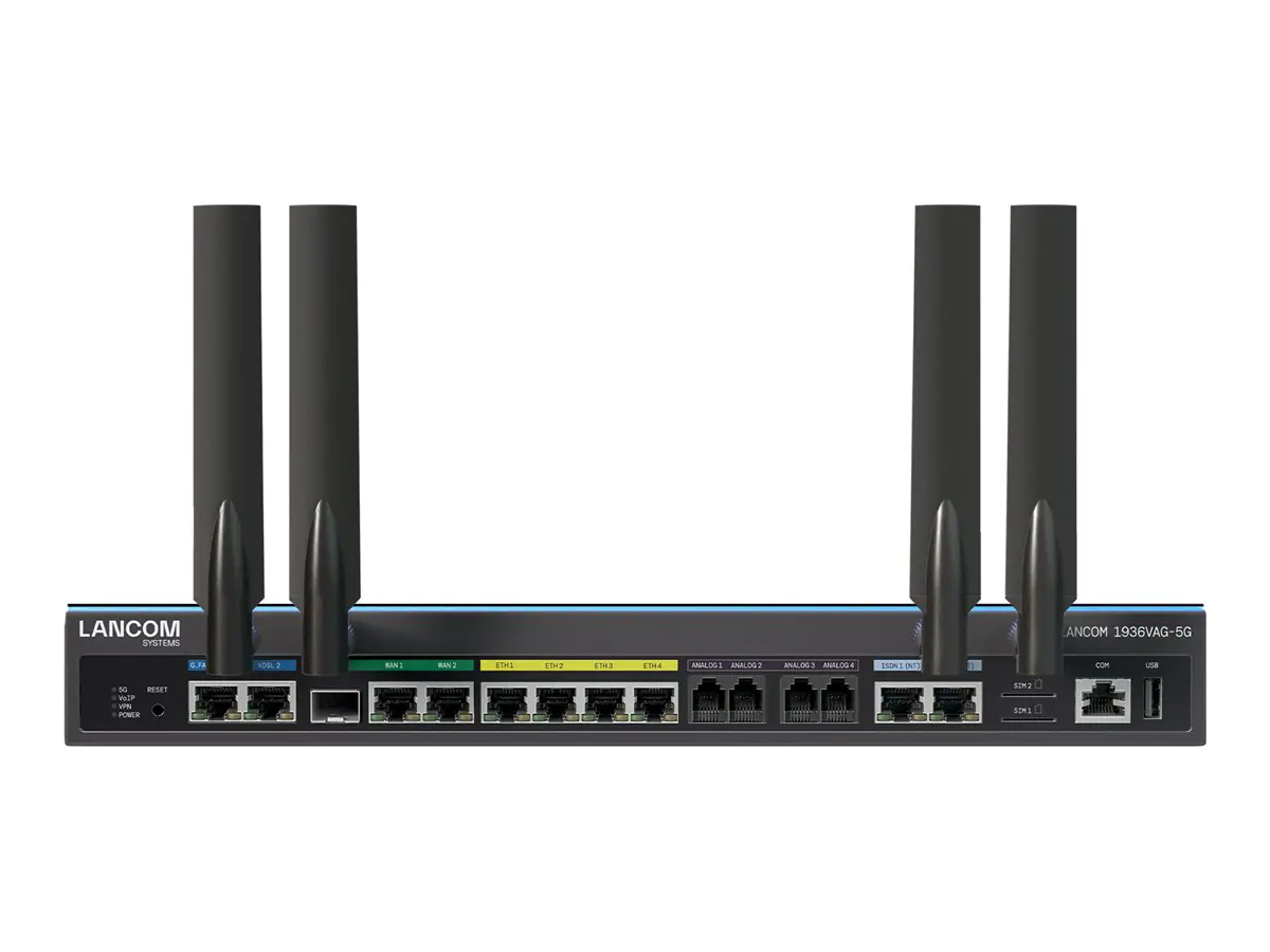 LANCOM 1936VAG-5G - Gateway - 1GbE, 5G - LTE - 5G - UMTS B1/B2/B4/B5/B8/B19/ LTE B1/B2/B3/B4/B5/B7/B8/B12/B13/B14/B17/B18/B19/B20/B25/B26/B28/B29/B30/B32/B34/B38/B39/B40/B41/B42/B43/B48/B66/B71 5G n1/n2/n3/n5/n7/n8/n12/n13/n14/n18/n20/n25/n26/n28/n29/n30/