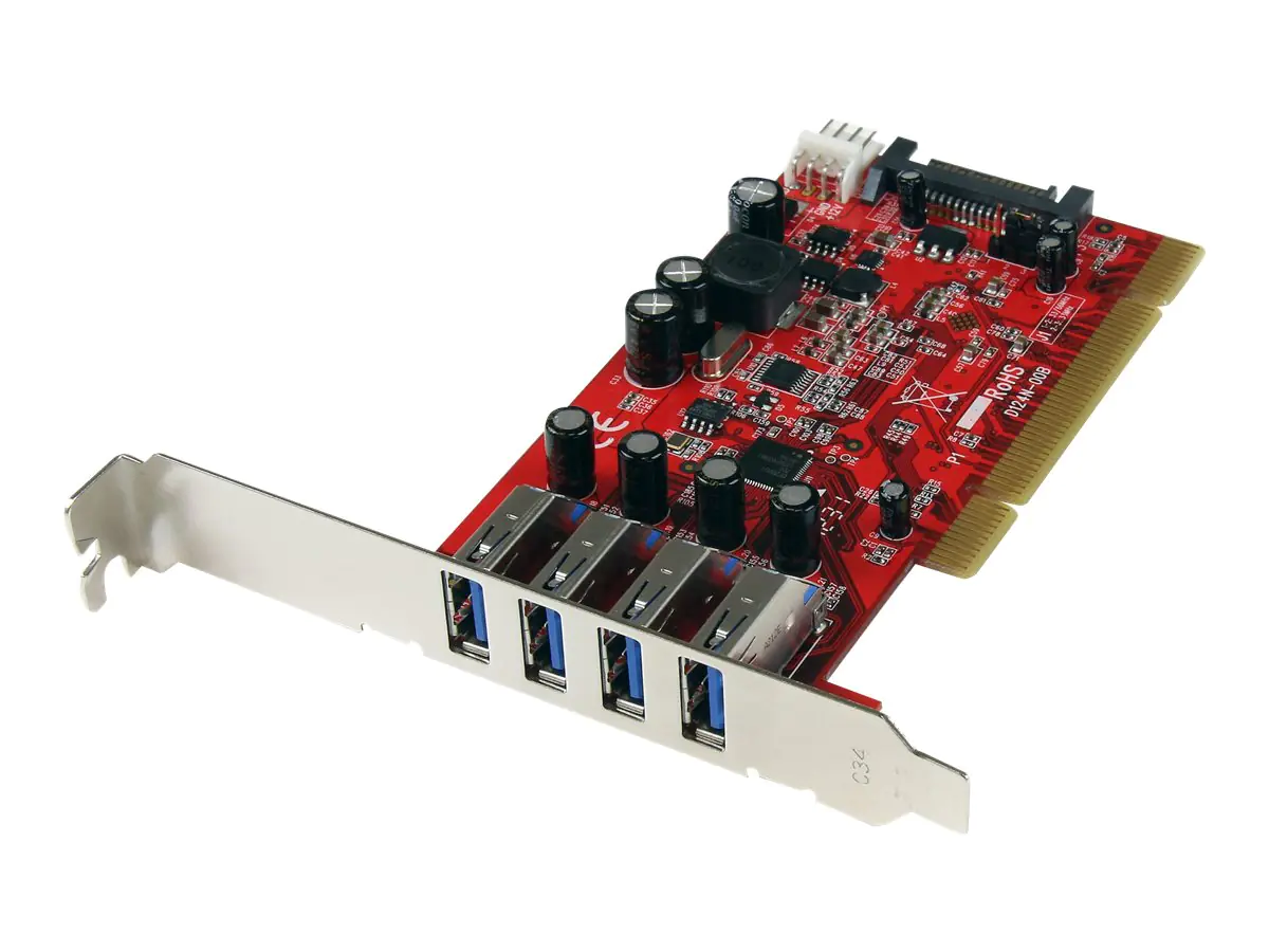 StarTech 4 Port USB 3.0 PCI Schnittstellenkarte - PCI SuperSpeed USB 3.0 Controller Karte - 2 x USB3.0 (Buchse) je 1x SATA/SP4 intern - USB-Adapter - PCI-X Low-Profile - USB 3.0 x 4 - Rot - für P/N: HBS304A24A, S3510BMU33, S3510SMU33, UNI251BMU33, USB221S