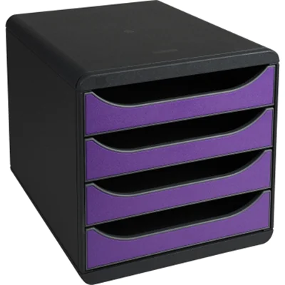 Exacompta Schubladenbox BIG-BOX 4 Schubladen DIN A4, Überbreite Polystyrol Gehäusefarbe: schwarz Farbe der Schublade: violett