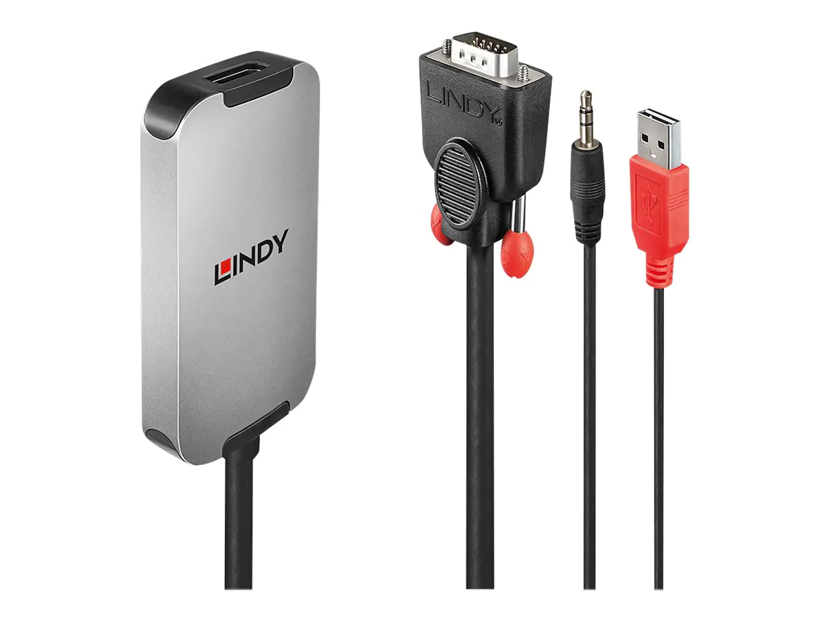 Lindy VGA to DisplayPort 1.2 Converter - DisplayPort-Adapter - HD-15 (VGA), mini-phone stereo 3.5 mm, 4-poliger Mini-USB Typ A (M) zu DisplayPort (W) - DisplayPort 1.2 - 18 cm - USB-Strom - Schwarz