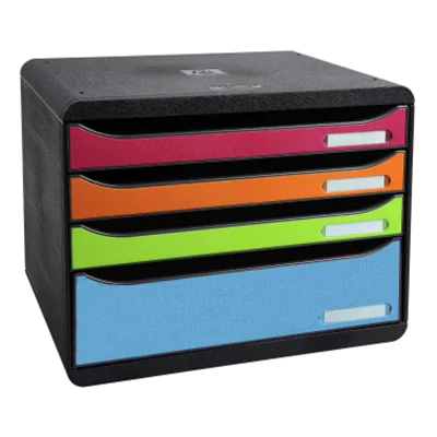 Exacompta Schubladenbox BIG-BOX plus quer 4 Schubladen DIN A4, Überbreite Polystyrol Gehäusefarbe: schwarz Farbe der Schublade: harlekin
