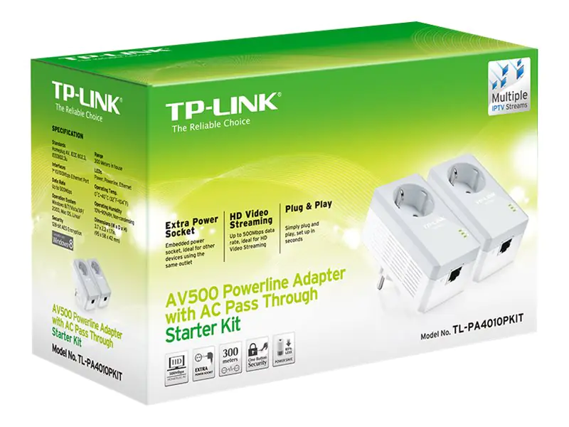 TP-Link TL-PA4010PKIT AV500+ Powerline Kit with AC Pass Through - Powerline Adapterkit HomePlug AV (HPAV) - - an Wandsteckdose anschließbar (Packung mit 2)