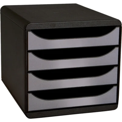 Exacompta Schubladenbox BIG-BOX 4 Schubladen DIN A4, Überbreite Polystyrol Gehäusefarbe: schwarz Farbe der Schublade: silber
