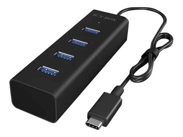 ICY BOX IB-HUB1409-C3, Type-C® zu 4-Port USB 3.2 Gen 1 Hub, Alu-Gehäuse, USB 3.2 Gen 1 (3.1 Gen 1) Type-C, USB 3.2 Gen 1 (3.1 Gen 1) Type-A, 5000 Mbit/s, Schwarz, Aluminium, 0,4 m