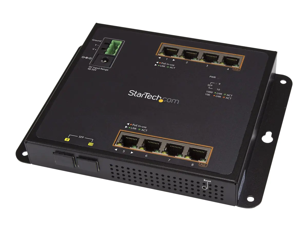 StarTech 8 Port PoE+ Gigabit Ethernet Switch plus 2 SFP Ports - Industrieller Managed Gigabit Switch - Wandmontage mit Front Zugriff - Switch - managed - 8 x 10/100/1000 (PoE+) + 2 x SFP - an DIN-Schiene montierbar, wandmontierbar - PoE+ (200 W) - für P/N