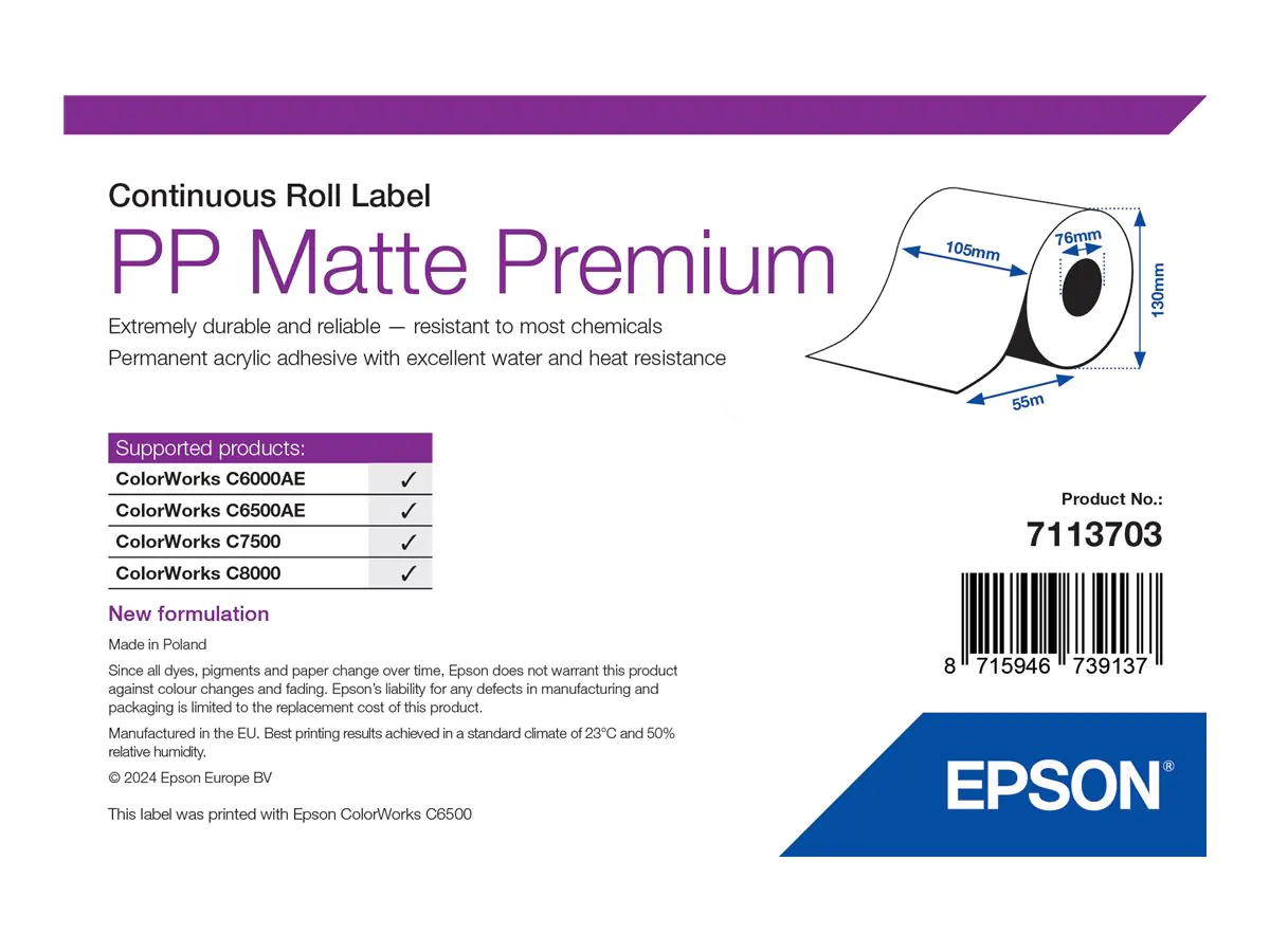 Epson Premium - Polypropylen (PP) - matt - permanenter Acrylklebstoff - Rolle (10,5 cm x 55 m) 7113703