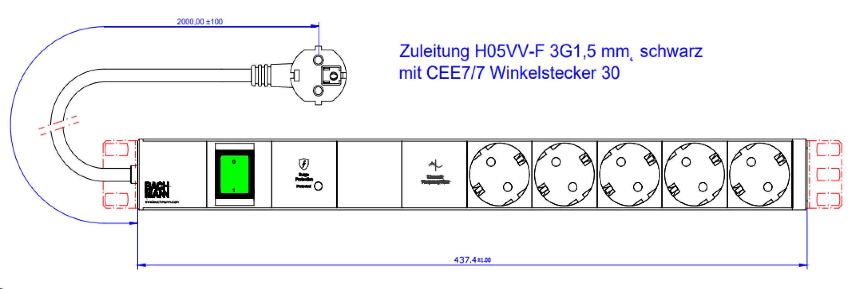 Bachmann 19" 1HE 5xCEE7/3 800.39351xSchalter 1xGVS-Plus 2 0m CEE7/7"