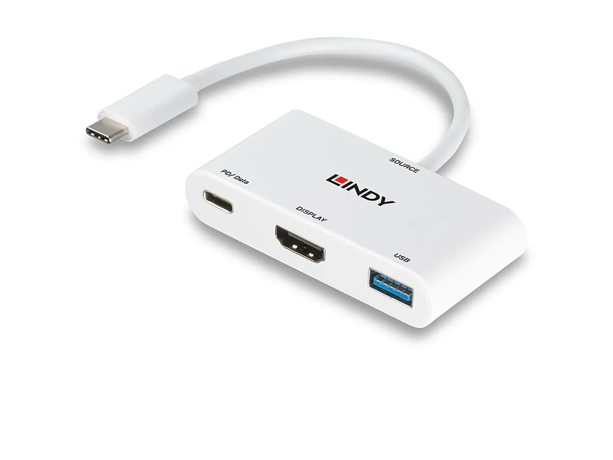 Lindy - Videoadapter - 24 pin USB-C männlich zu HDMI, USB Typ A, USB-C (nur Spannung) weiblich - 18 cm - weiß - unterstützt Power Delivery 3.0, unterstützt 4K 30 Hz (3840 x 2160)
