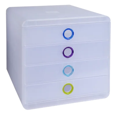 Exacompta Schubladenbox POP-BOX 4 Schubladen DIN A4, Überbreite Polystyrol Gehäusefarbe: transluzent Farbe der Schublade: transluzent/mehrfarbig