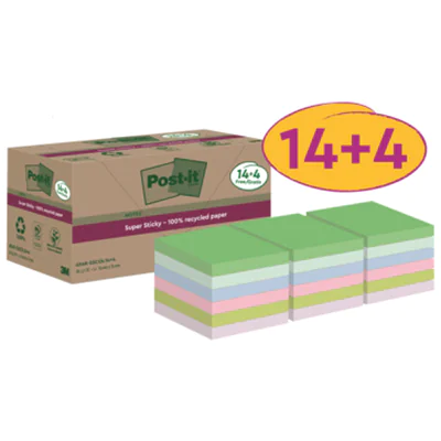 Post-it Haftnotiz Super Sticky Recycling Notes 76 x 76 mm (B x H) mehrfarbig 70 Bl./Block 18 Block/Pack.