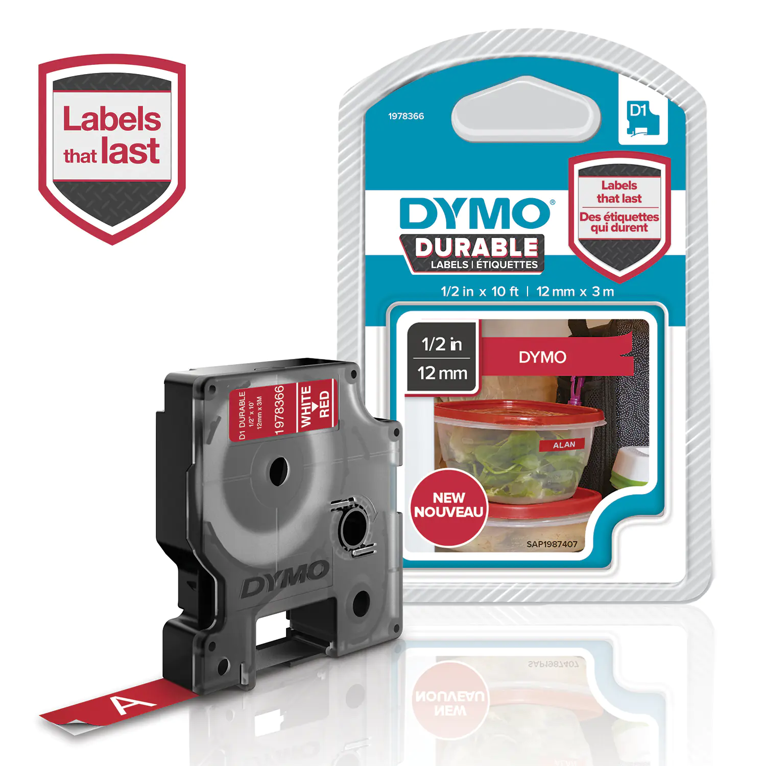 DYMO D1 - Selbstklebend - Weiß auf Rot - Rolle (1,2 cm x 3 m) 1 Rolle(n) Etikettenband - für LabelMANAGER 100, 150, 160, 200, 210, 220, 260, 280, 300, 360, 420, 450; MobileLabeler