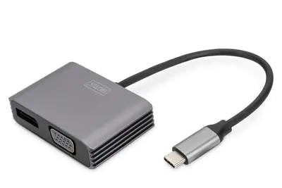 Digitus DA-70827 - Videoadapter - 24 pin USB-C (M) zu VGA-Adapter, DisplayPort (W) - 20 cm - unterstützt 21:9 Kinoformat, Support von 4K 30 Hz, USB-Strom - Schwarz