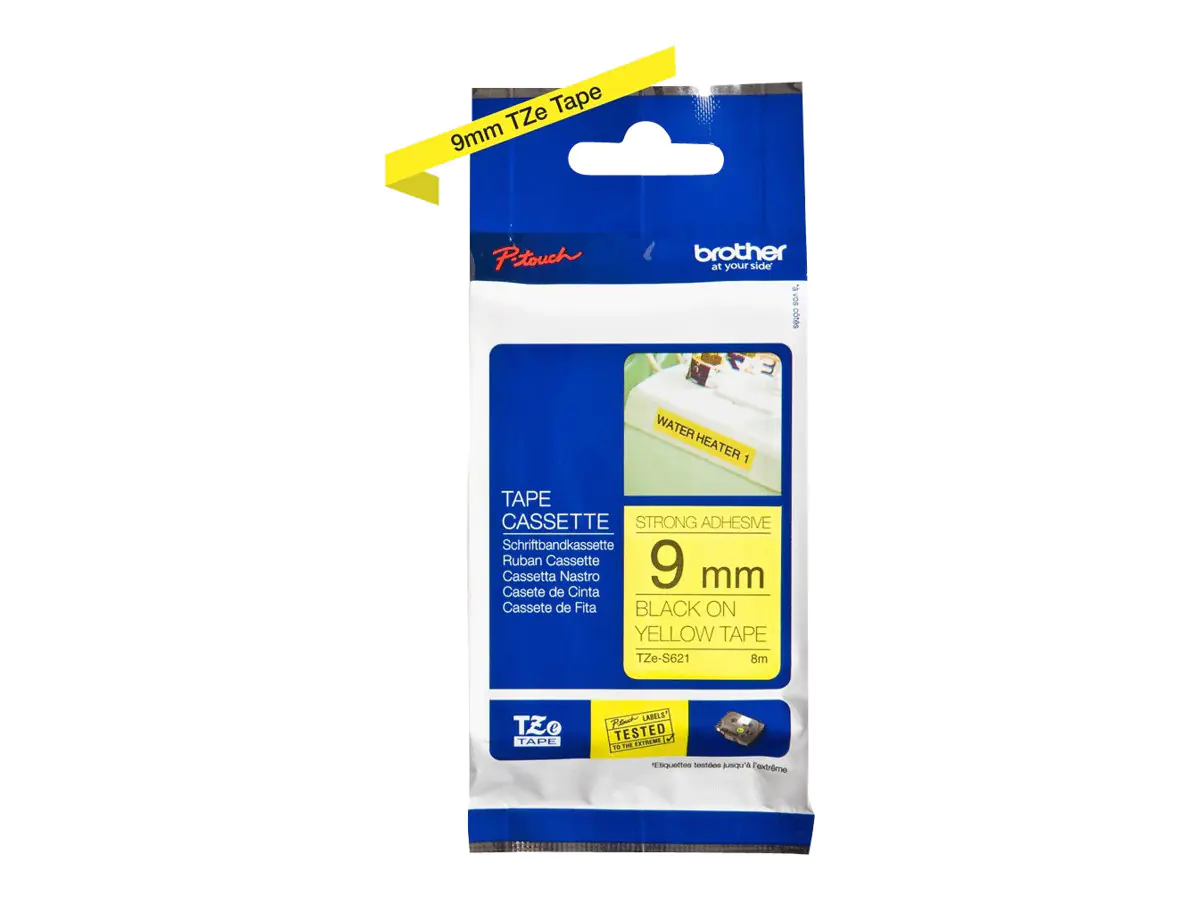 Brother TZe-S621 - Extra starker Klebstoff - Schwarz auf Gelb - Rolle (0,9 cm x 8 m) 1 Kassette(n) laminiertes Band - für Brother PT-D210, D600, H110, H200; P-Touch PT-1880, E310, H107; P-Touch Cube Plus PT-P710