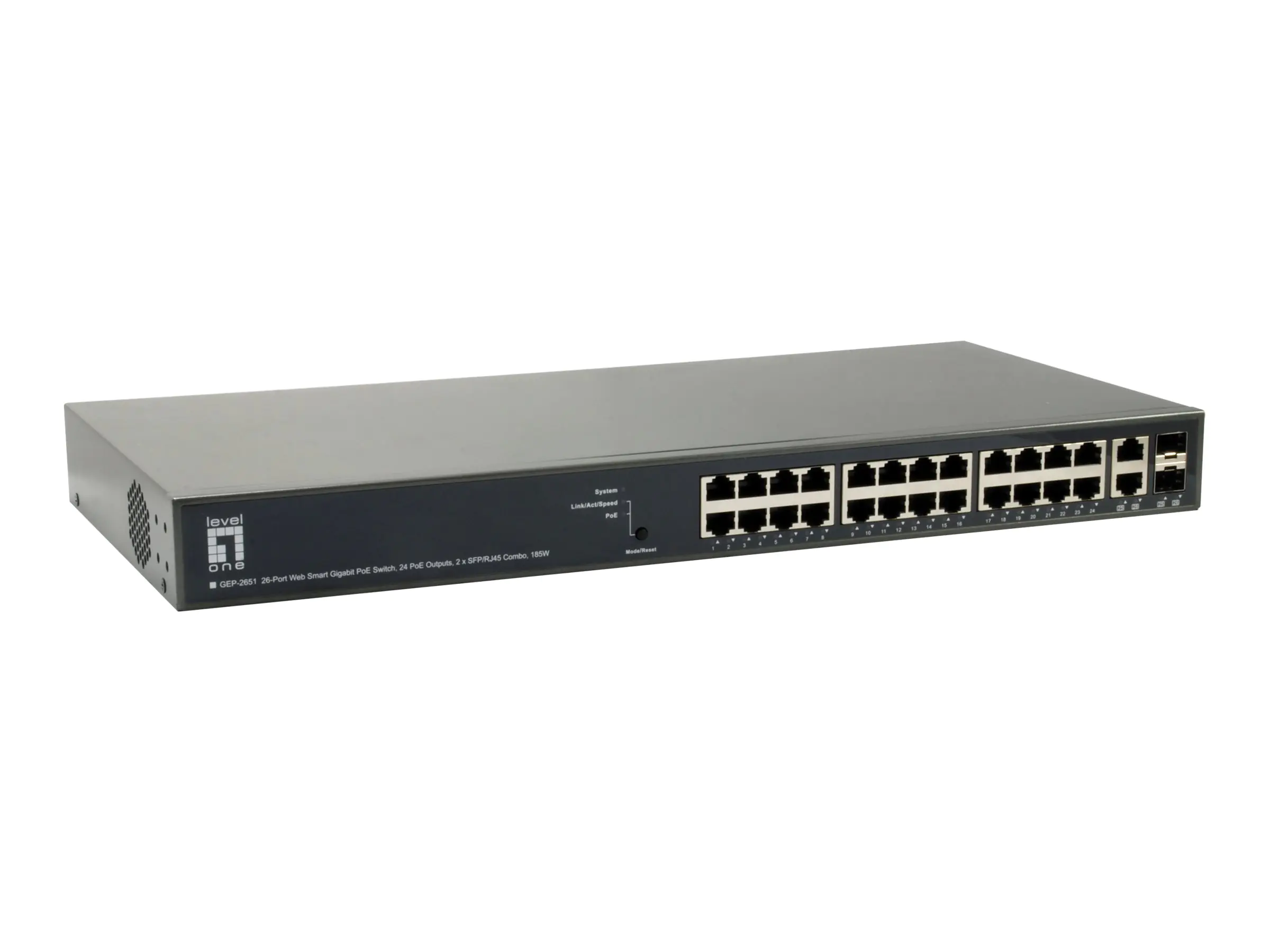 LevelOne GEP-2651 - Switch - Smart - 24 x 10/100/1000 (PoE+) + 2 x Kombi-Gigabit-SFP - an Rack montierbar - PoE+ (185 W)