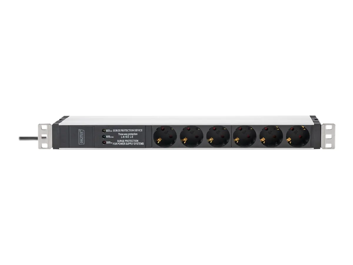 Digitus - Stromverteilungseinheit (Rack - einbaufähig) - Wechselstrom 230 V - 3600 VA - 1-phasig - Eingabe, Eingang power CEE 7/7 - Ausgangsanschlüsse: 6 (power CEE 7/3) - 1U - 48.3 cm (19") - 2 m Schnur